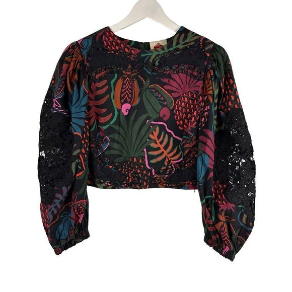 Farm Rio Frutis Dream Puff-Sleeve Blouse size XS Black - Picture 6 of 11